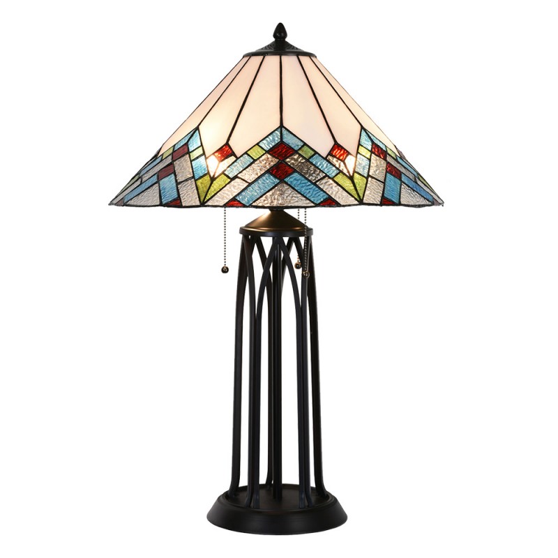 5LL-5393 Tiffany Tischlampe Ø 51x75 cm  Beige Blau Glas Dreieck Schreibtischlampe Tiffany