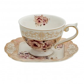 26CE1271 Cup and Saucer 200 ml Pink Beige Porcelain Flowers Round Tableware