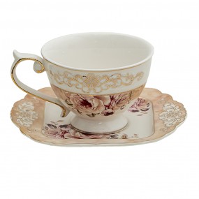 26CE1271 Tazza e piattino 200 ml Rosa Beige Porcellana Fiori  Rotondo Stoviglie