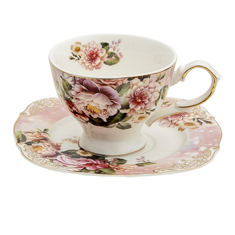 6CE1274 Tasse et soucoupe 200 ml Rose Porcelaine Rond Vaisselle