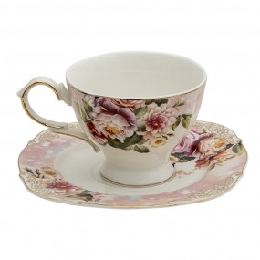 26CE1274 Kop en schotel  200 ml Roze Porselein Rond Servies