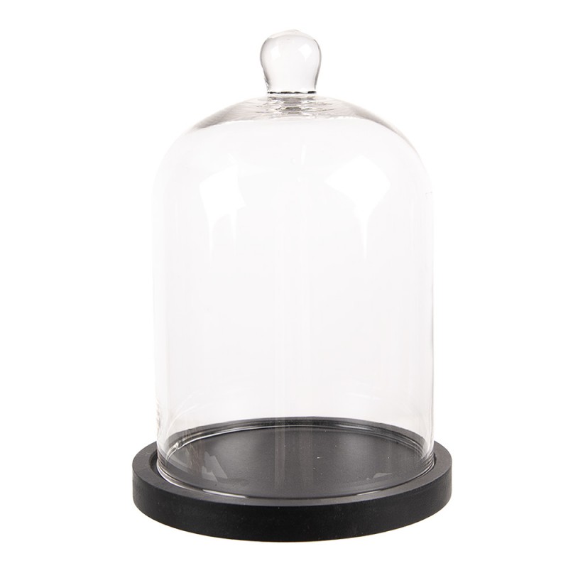 6GL4485 Cloche Ø 15x21 cm Transparent Verre Bois Rond Cloche en Verre