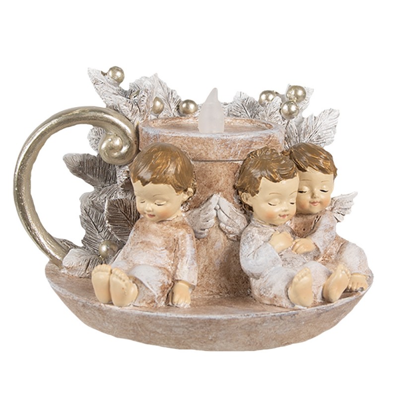 6PR4164 Décoration de Noël avec éclairage LED Bougeoir 14x13x10 cm Marron Cuir artificiel Métallique Anges