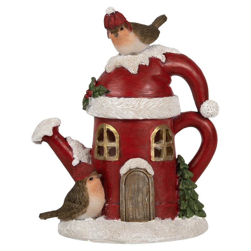 6PR4174 Decorative House with LED Watering Can 13x10x16 cm Red Artificial Leather Metal Birds