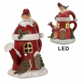 26PR4174 Decorative House with LED Watering Can 13x10x16 cm Red Artificial Leather Metal Birds