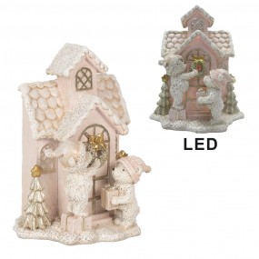 26PR4229 Decoratie Huis met LED  15x10x18 cm Roze Kunststof Beer