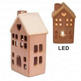 26CE1795 Decoratie Huis met LED  6x6x11 cm Bruin Porselein