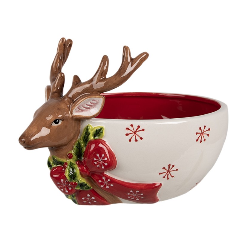 6CE1854 Decorative Bowl 700 ml White Red Ceramic Deer Serving Bowl