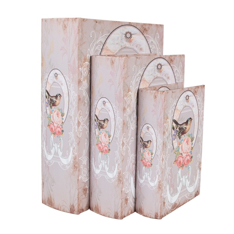 65689 Storage Box Set of 3 Books 27/22/17 cm Pink Wood Bird