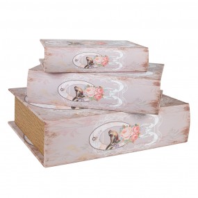 265689 Storage Box Set of 3 Books 27/22/17 cm Pink Wood Bird