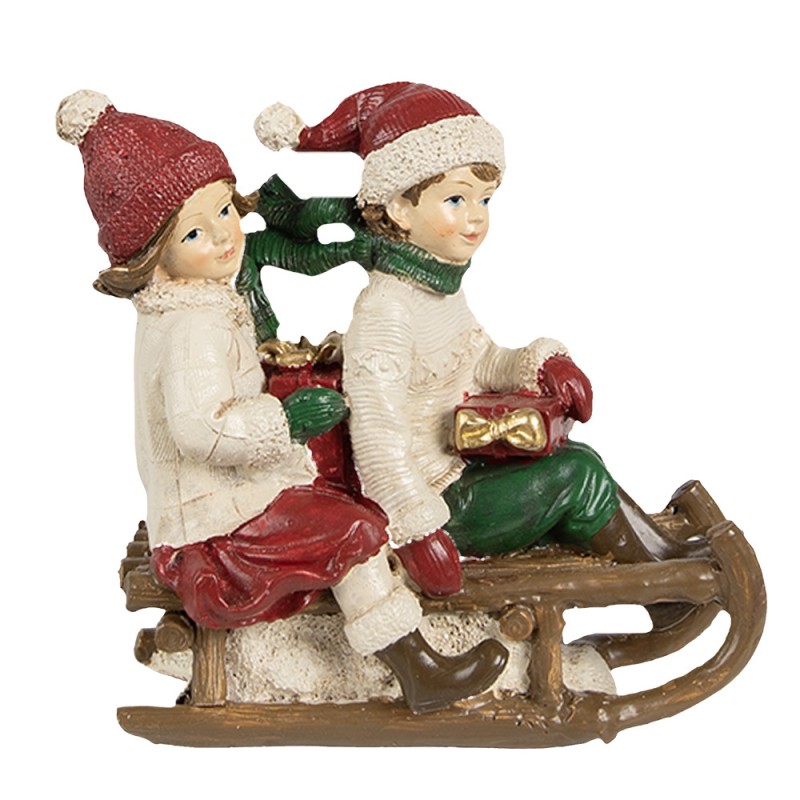 6PR4182 Dekorationsfigur Kinder 12x6x11 cm Beige Rot Kunststoff Schlitten Weihnachtsdekoration