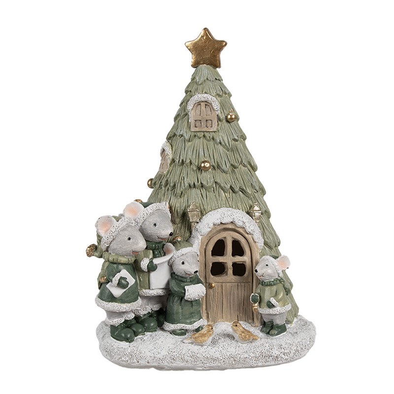 6PR4190 Decoratie Huis met LED Kerstboom 12x11x17 cm Groen Kunststof Muis Kerstdecoratie Beeld