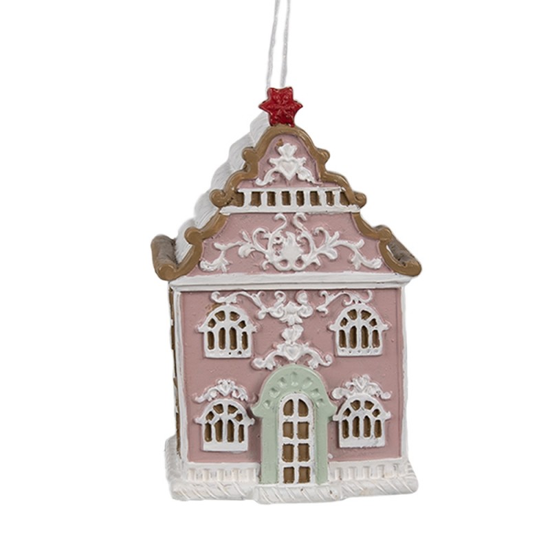 6PR4215 Ornamento Natalizio Casa di pan di zenzero 6x4x9 cm Rosa Plastica Decorazioni Albero Natale