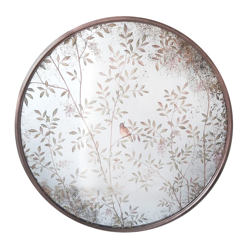 52S314 Mirror Ø 80x3 cm Copper colored Glass Metal Birds on Branches Round Wall Mirror