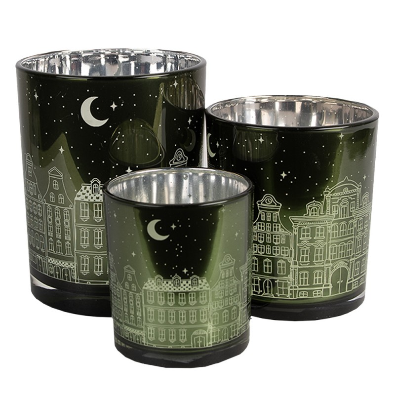 6GL4655 Porte-bougie set de 3 Vert Verre Maisons Porte-bougies