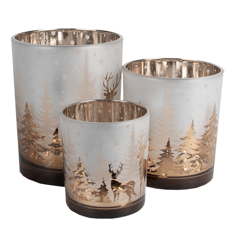 6GL4659 Tealight Holder Set of 3 White Gold colored Glass Deer Tea-light Holder