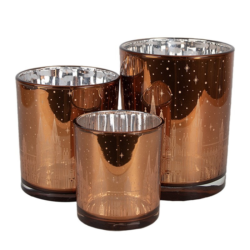 6GL4656 Tealight Holder Set of 3 Brown Glass Houses Tea-light Holder