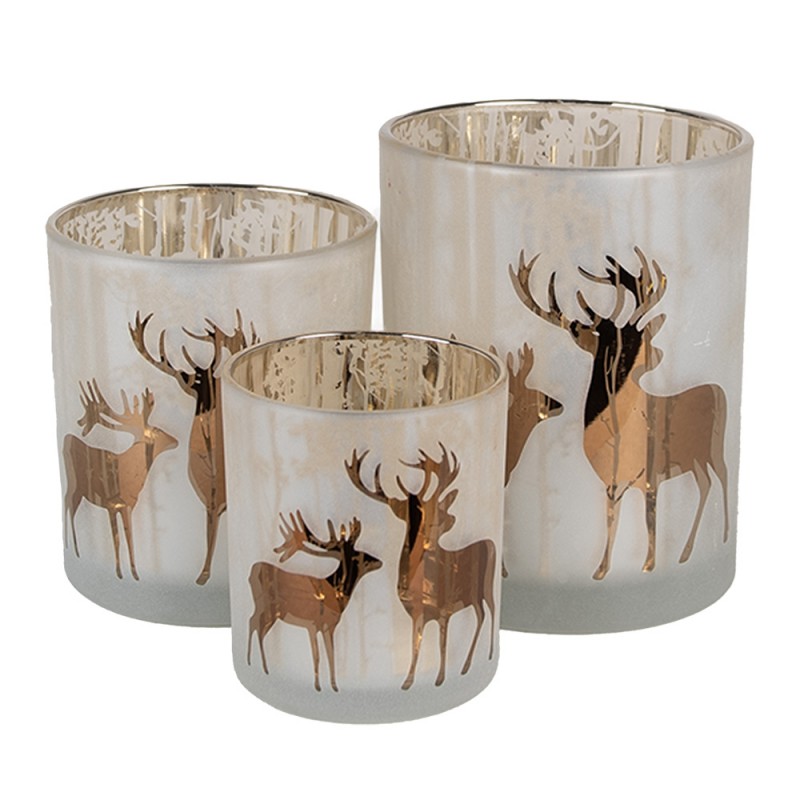 6GL4664 Tealight Holder Set of 3 White Gold colored Glass Deer Tea-light Holder