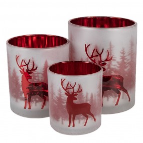 26GL4665 Tealight Holder Set of 3 White Red Glass Deer Tea-light Holder