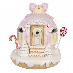 26PR4352 Decoratie Huis met LED Gingerbread house 14 cm Roze Kunststof Peperkoekhuisje