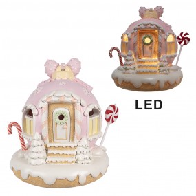 26PR4352 Decoratie Huis met LED Gingerbread house 14 cm Roze Kunststof Peperkoekhuisje