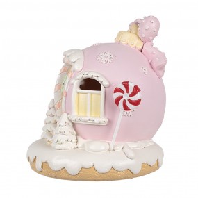 26PR4352 Decoratie Huis met LED Gingerbread house 14 cm Roze Kunststof Peperkoekhuisje