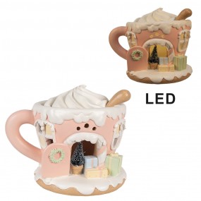 26PR4353 Decoratie Huis met LED Koffiepot 15 cm Roze Kunststof Gingerbread house Peperkoekhuisje