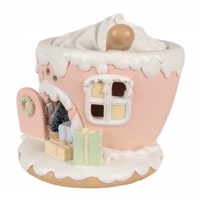 26PR4353 Decoratie Huis met LED Koffiepot 15 cm Roze Kunststof Gingerbread house Peperkoekhuisje