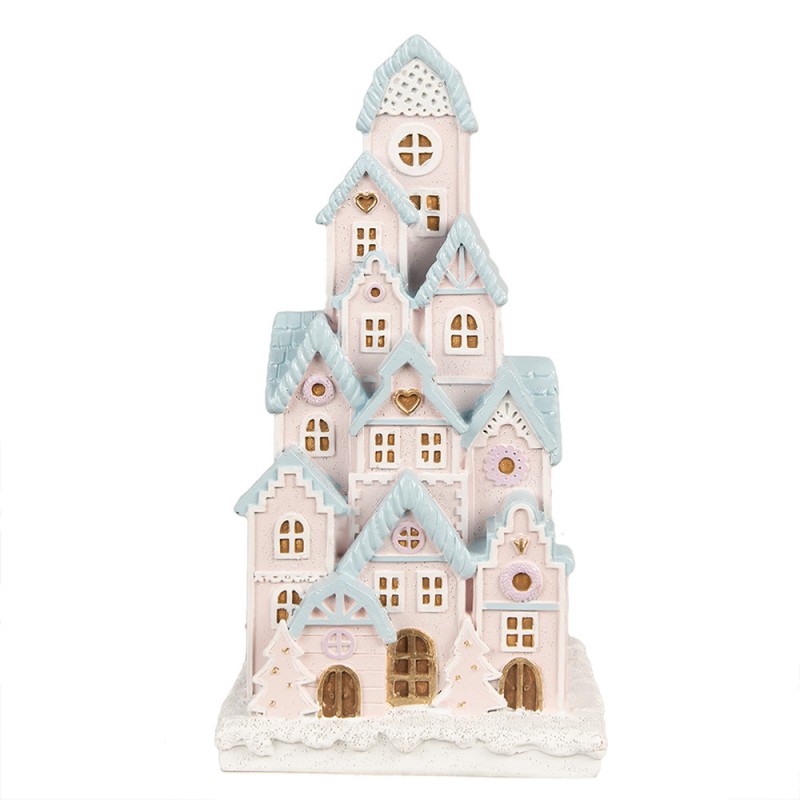 6PR4202 Gingerbread house met LED 13x13x26 cm Roze Kunststof Peperkoekhuisje