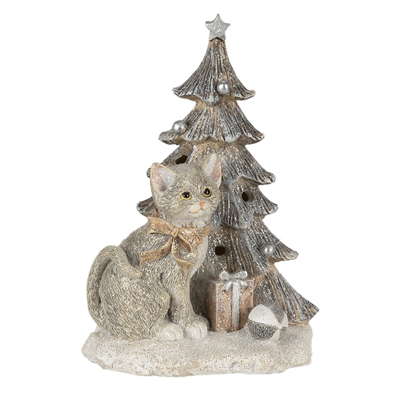 6PR4629 Beeld Kat 12x9x16 cm LED Grijs Wit Polyresin Kerstdecoratie