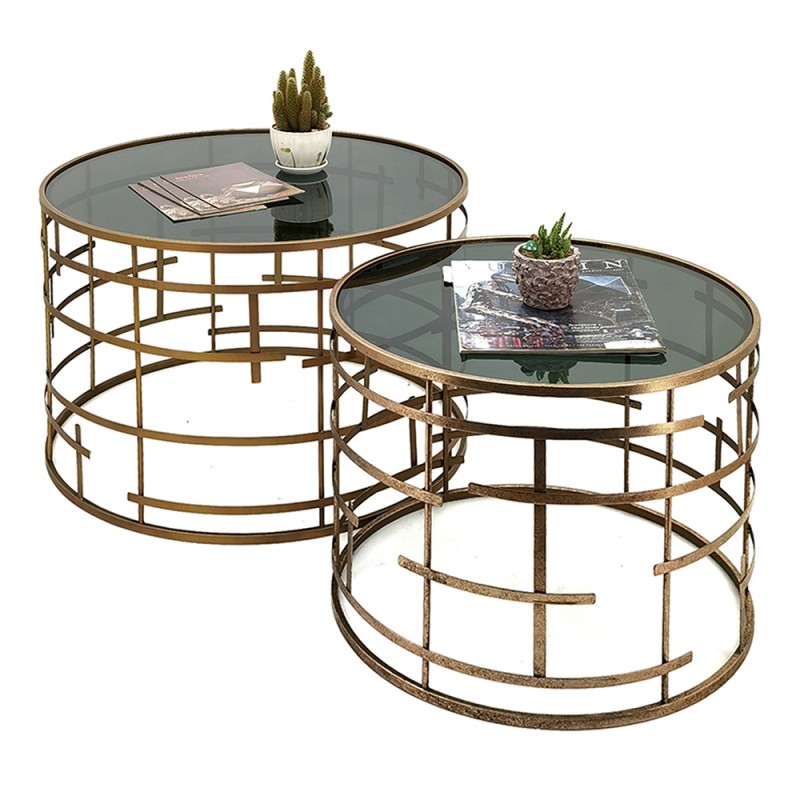 MT50680 Bijzettafel Set van 2  Ø 75 / Ø 60 cm Goudkleurig Metaal Glas Rond Salontafel