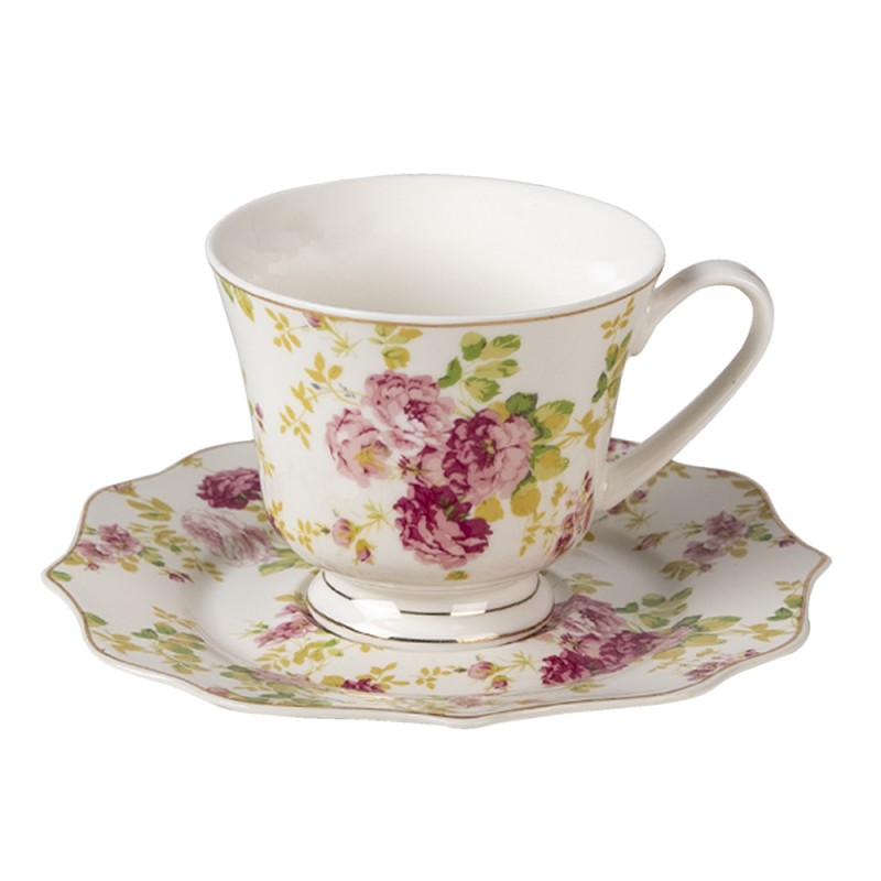 6CE1293 Kop en schotel  200 ml Wit Porselein Bloemen Rond Servies