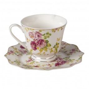 26CE1293 Kop en schotel  200 ml Wit Porselein Bloemen Rond Servies