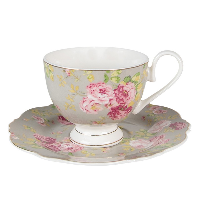 6CE1294 Tasse et soucoupe 200 ml Vert Blanc Porcelaine Fleurs Rond Vaisselle