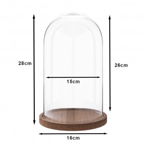 26GL1946 Cloche Ø 16x28 cm Bois Verre Rond Cloche en Verre