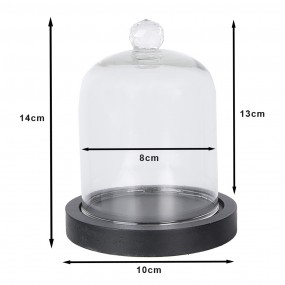 26GL4038 Cloche Ø 10x14 cm Black Wood Glass Round Glass Bell Jar