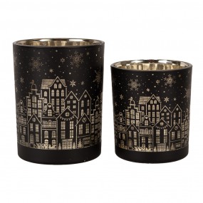 26GL4606 Tealight Holder Set of 2 Ø 9x10 / Ø 10x12 cm Black Glass Houses Tea-light Holder