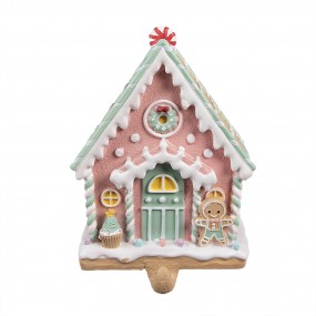 26PR4264 Haak Kerstsok Gingerbread house 13x10x18 cm Roze Kunststof