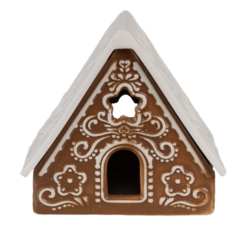 6CE1744 Tealight Holder Gingerbread house 8x8x8 cm Brown Porcelain Tea-light Holder