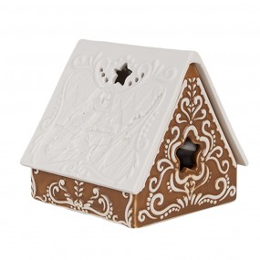 26CE1744 Tealight Holder Gingerbread house 8x8x8 cm Brown Porcelain Tea-light Holder