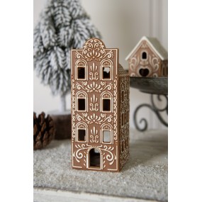 26CE1747 Tealight Holder Gingerbread house 7x7x19 cm Brown Porcelain Tea-light Holder