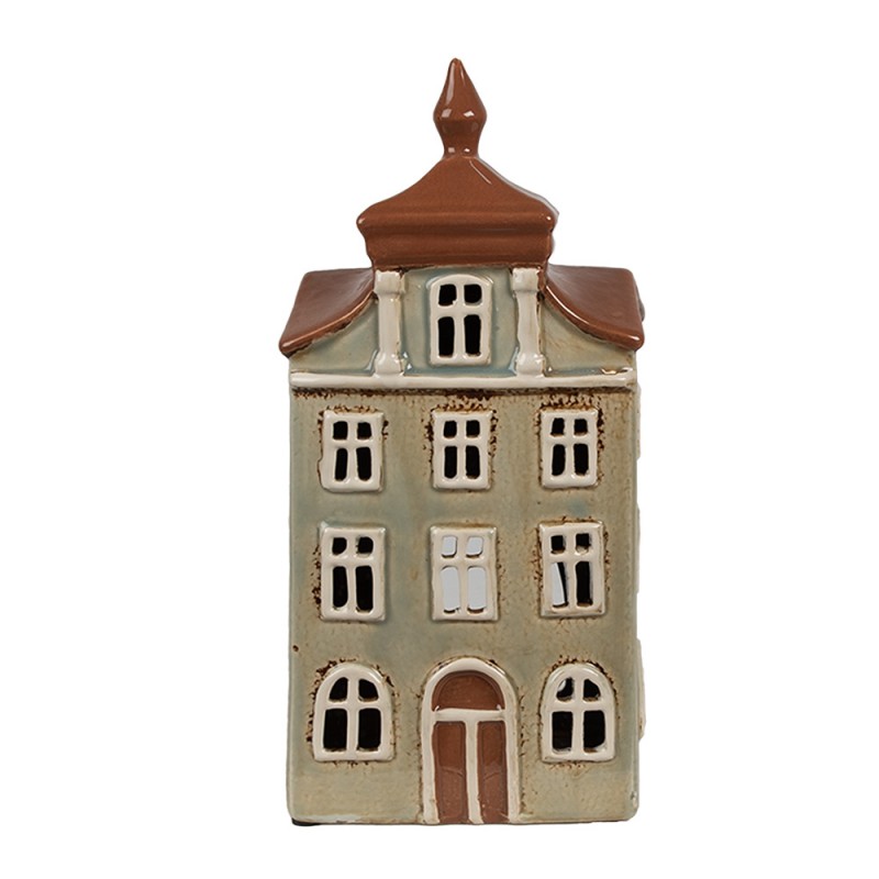 6CE1881 Teelichthalter Haus 12x9x25 cm Grün Braun Keramik Halter für Teelicht