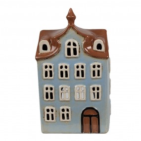 26CE1882 Waxinelichthouder Huis 13x9x22 cm Blauw Bruin Keramiek Theelichthouder