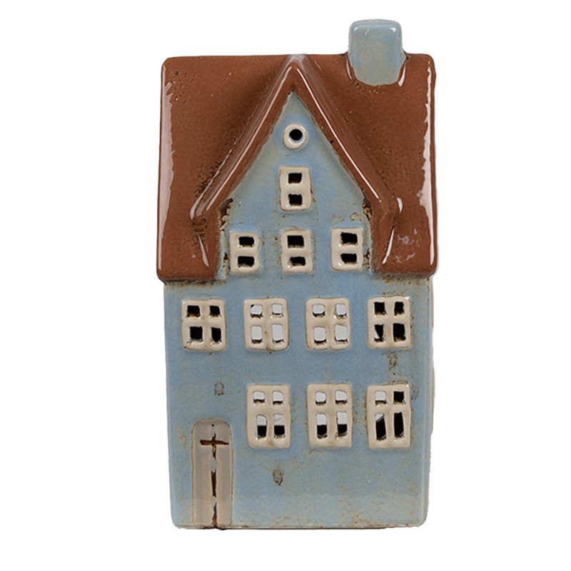 6CE1884 Porte-bougie Maison 11x8x20 cm Bleu Marron Céramique Porte-bougies