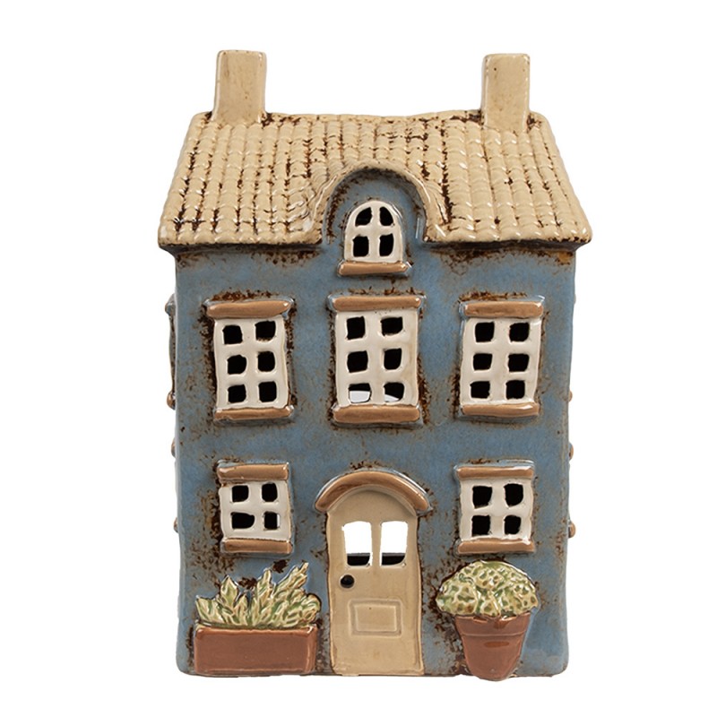 6CE1894 Portacandela Casa 16x10x23 cm Blu Beige Ceramica Portacandele