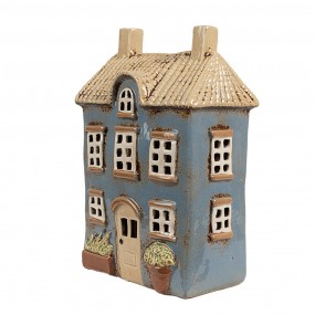 26CE1894 Waxinelichthouder Huis 16x10x23 cm Blauw Beige Keramiek Theelichthouder