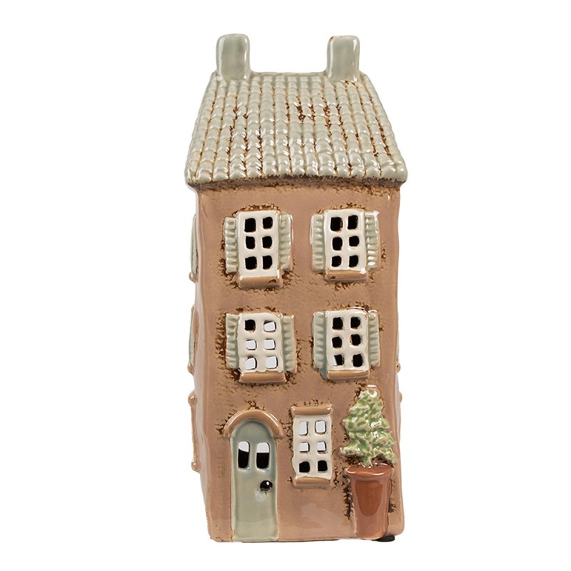 6CE1895 Waxinelichthouder Huis 12x9x28 cm Bruin Beige Keramiek Theelichthouder