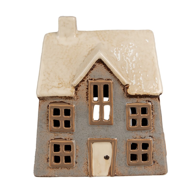 6CE1899 Porte-bougie Maison 15x10x17 cm Gris Beige Céramique Porte-bougies