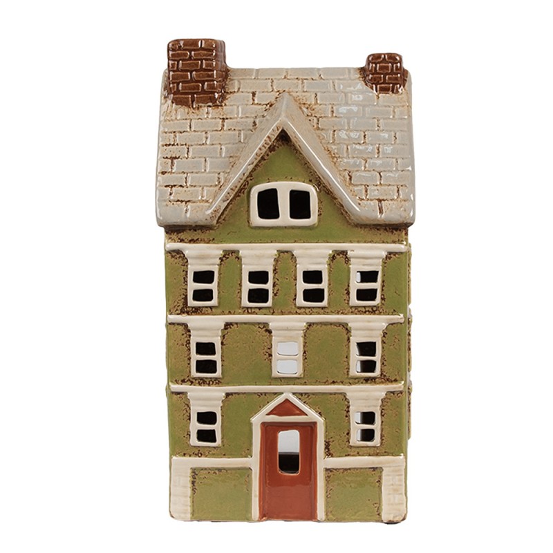 6CE1870 Waxinelichthouder Huis 14x10x26 cm Groen Beige Keramiek Theelichthouder