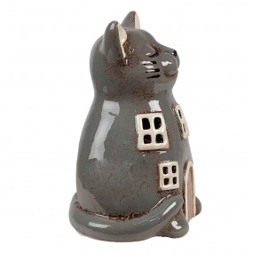 26CE1904 Tealight Holder Cat 15x12x21 cm Grey Ceramic Tea-light Holder